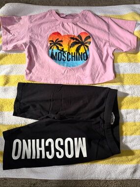 Moschino Pink Graphic Crop Tee with Black Logo Shorts